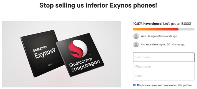 Bản kiến nghị Samsung ngừng bán điện thoại Exynos nhận hơn 10 nghìn chữ ký sau ba ngày. Ảnh chụp màn hình
